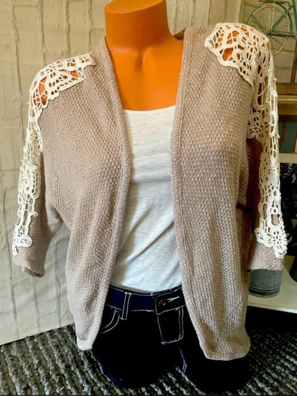 American Rag Jrs. Taupe Crochet Sleeve Cardigan Sweater M NEW